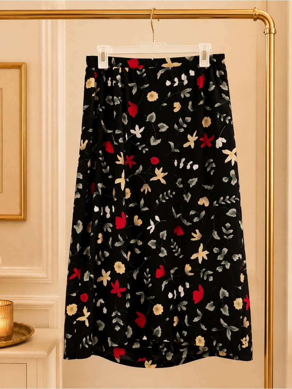 Vintage Ship ’n Shore Petite Floral Midi Skirt Black 16P Cottagecore